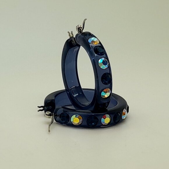 Navy blue Lucite Acrylic wide 1.5 Hoop navy blue & clear ab Fashion Earrings - Picture 3 of 4